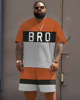 Men's Plus Size Street Casual Colorblock Bro Alphabet Print T-Shirt Shorts Suit